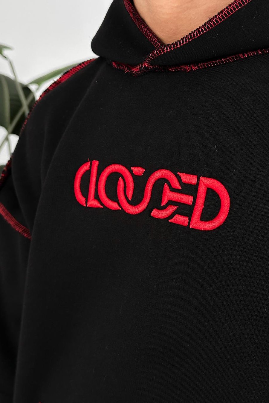 Siyah Kırmızı Ters Dikiş Closed HAFKA PREMİUM 3 İplik Şardonlu Oversize Sweatshirt