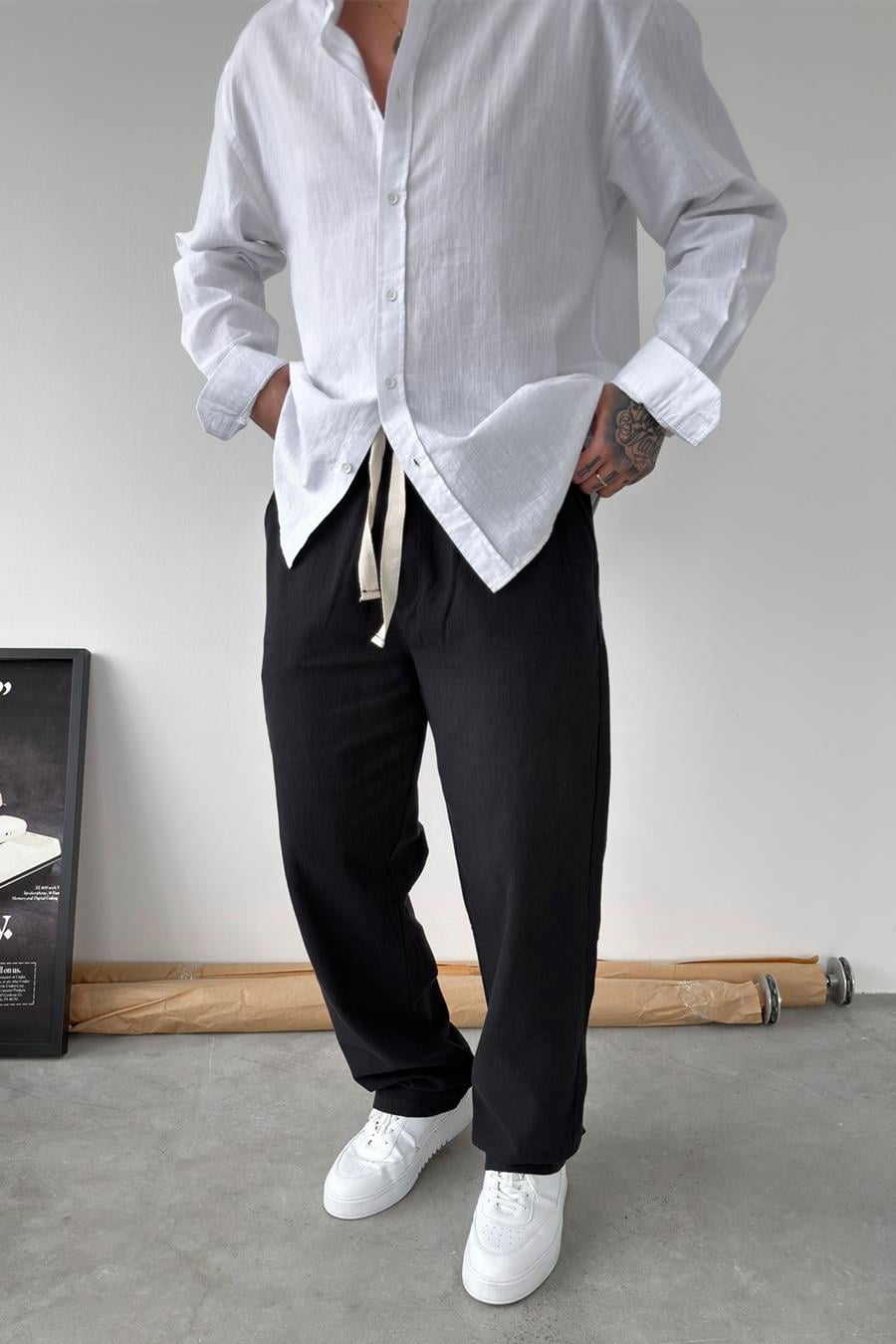 Siyah Nakışlı Baggy Keten Pantolon