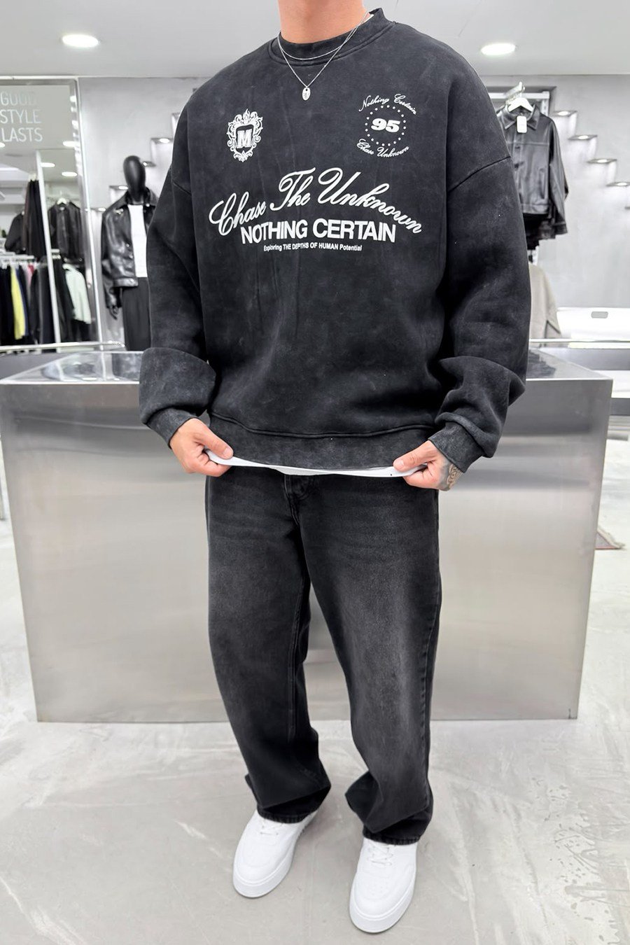 Siyah Nothing Baskılı Yıkamalı Oversize Sweatshirt