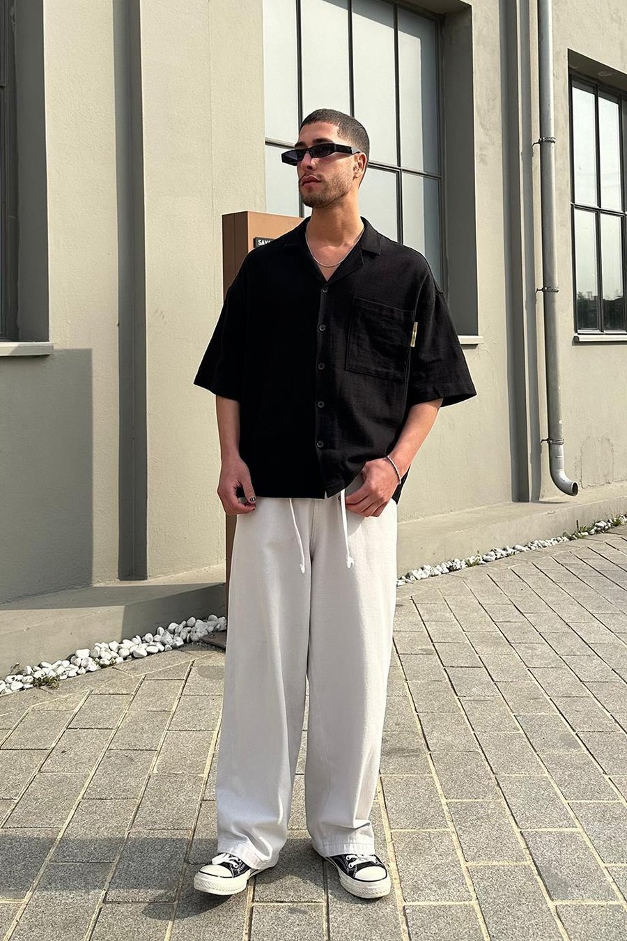 SİYAH Ön Cepli 050 MH Oversize Keten Gömlek