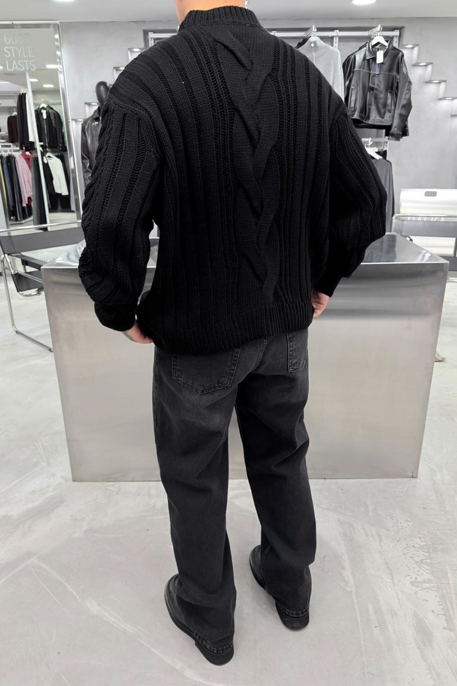 Siyah Örgü Desen Oversize Triko Kazak