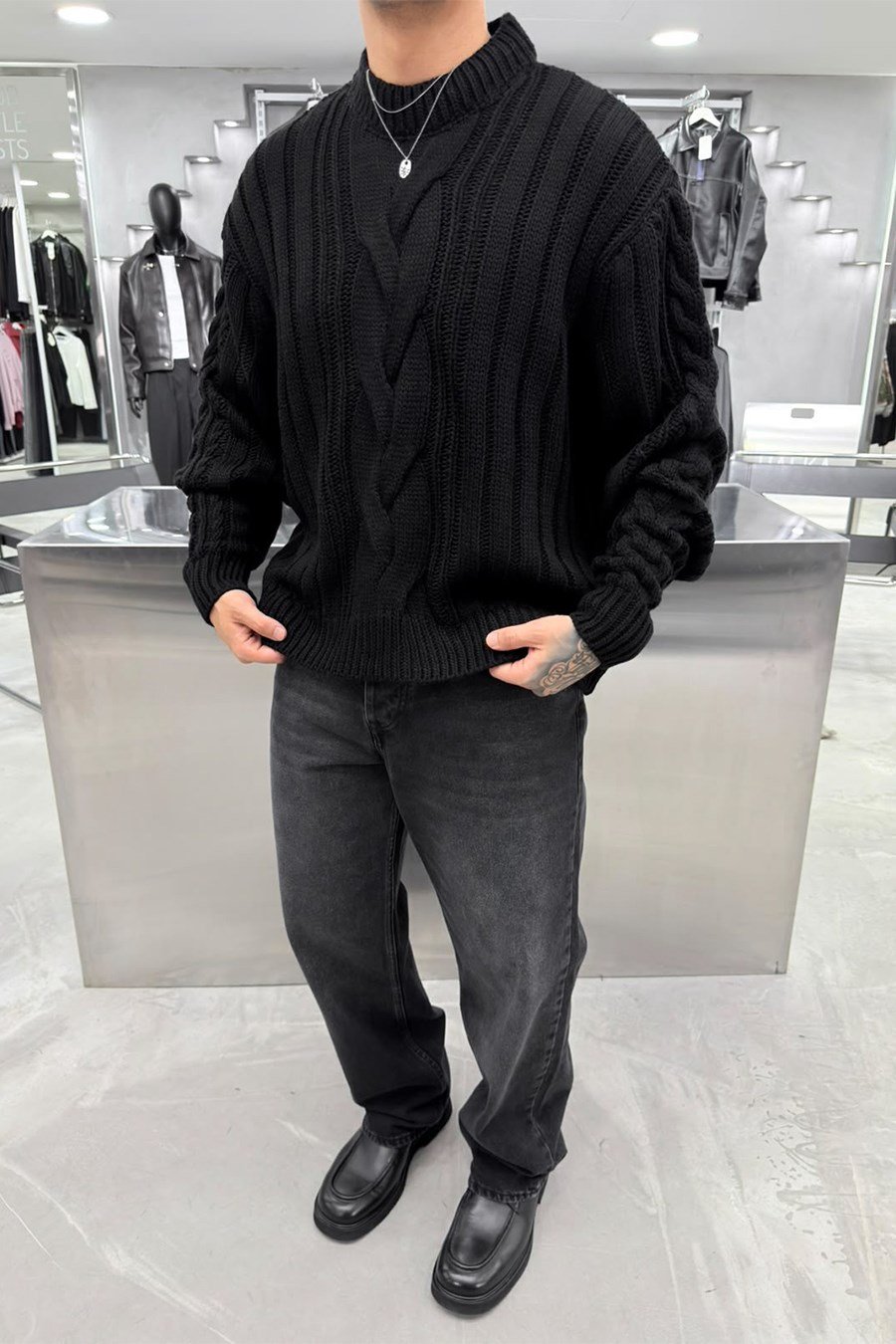 Siyah Örgü Desen Oversize Triko Kazak
