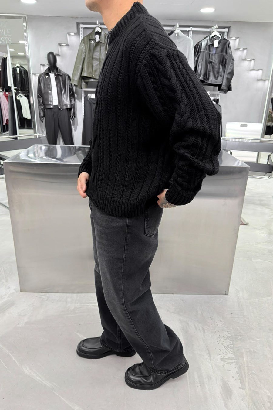 Siyah Örgü Desen Oversize Triko Kazak