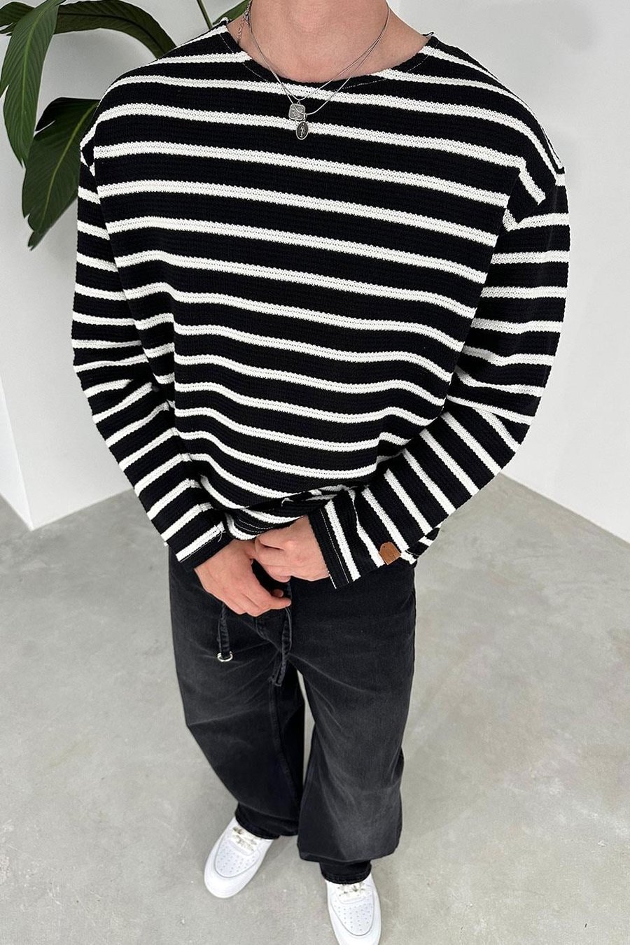 SİYAH Örme Çizgi Detaylı Oversize Sweat