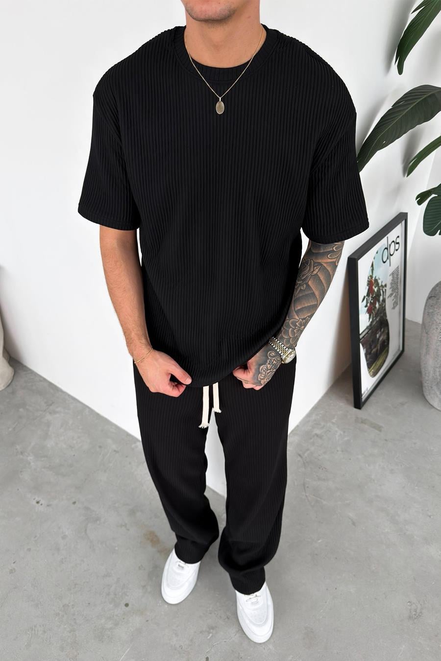 Siyah Ottoman Kumaş Oversize Tişört