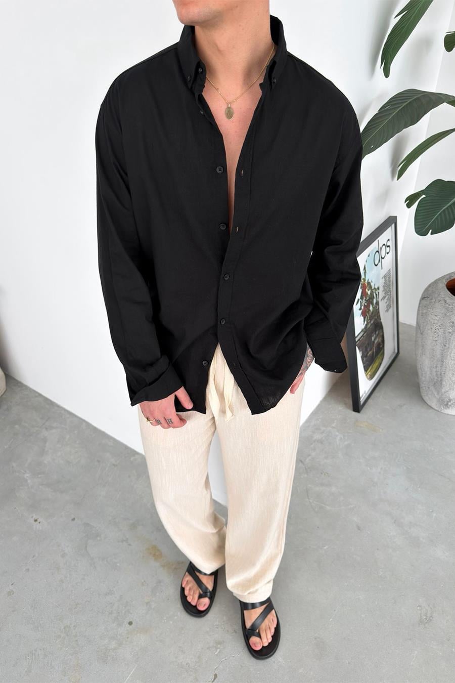 Siyah Oversize Fresh Keten Gömlek