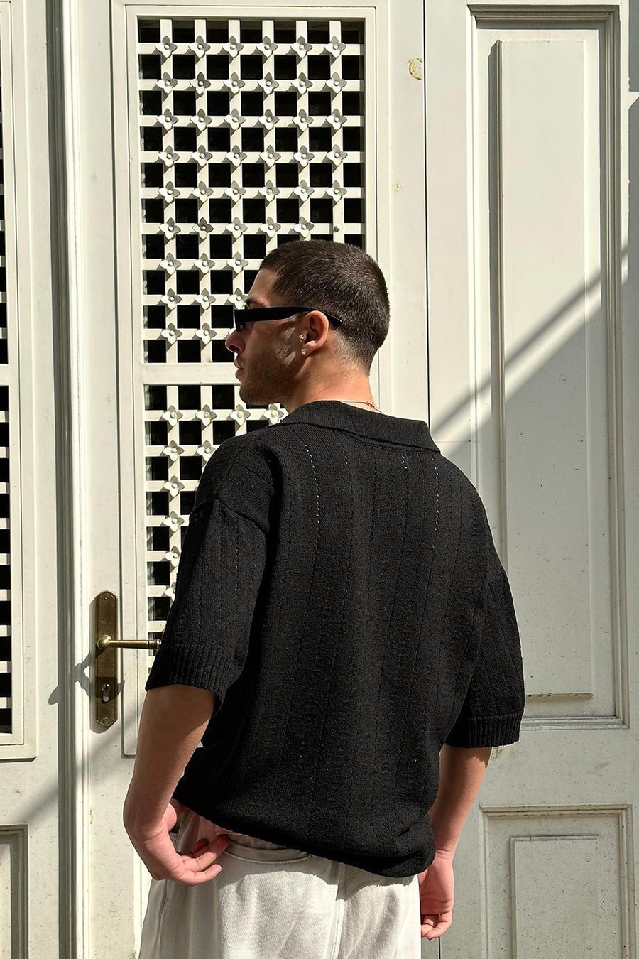 SİYAH Palmiye Örme Triko GO Polo Yaka Oversize Tişört
