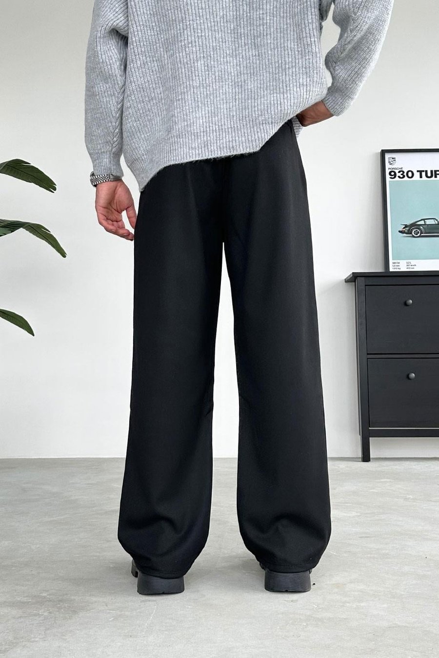 SİYAH Pile Detay 01 Baggy Kumaş Pantolon
