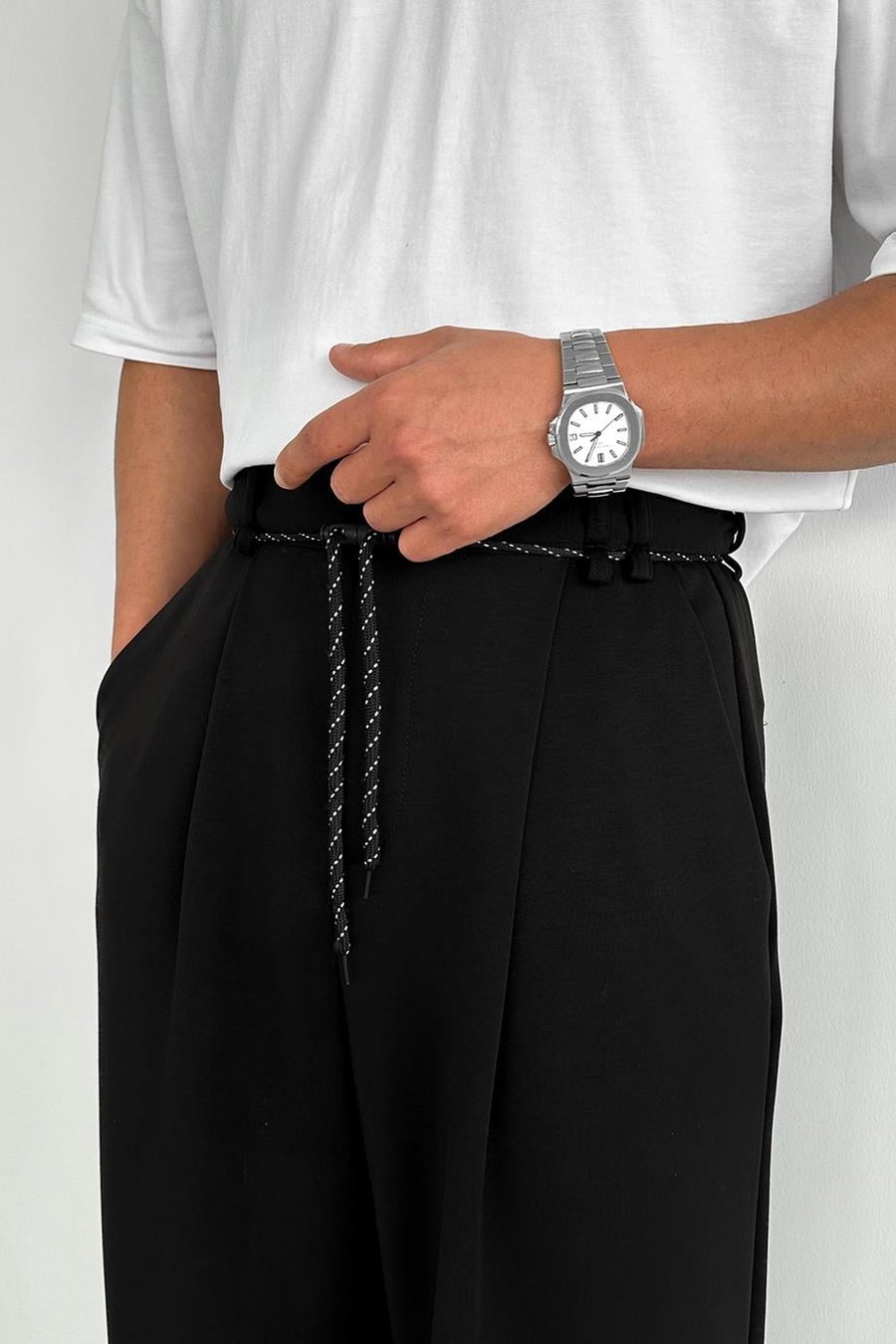Siyah Pile Detay Tensel Kumaş Baggy Pantolon