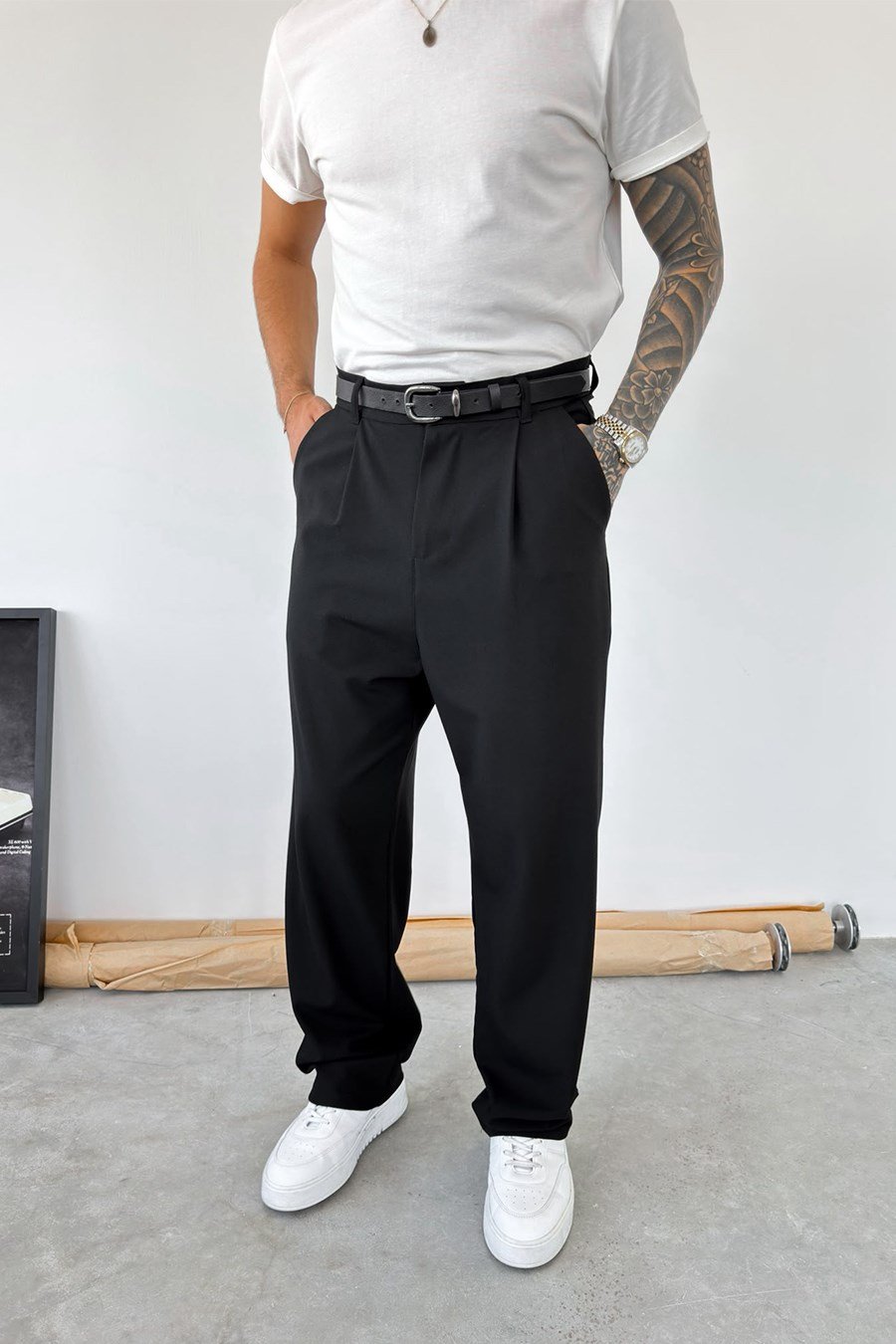 Siyah Pileli Baggy Fit Kumaş Pantolon
