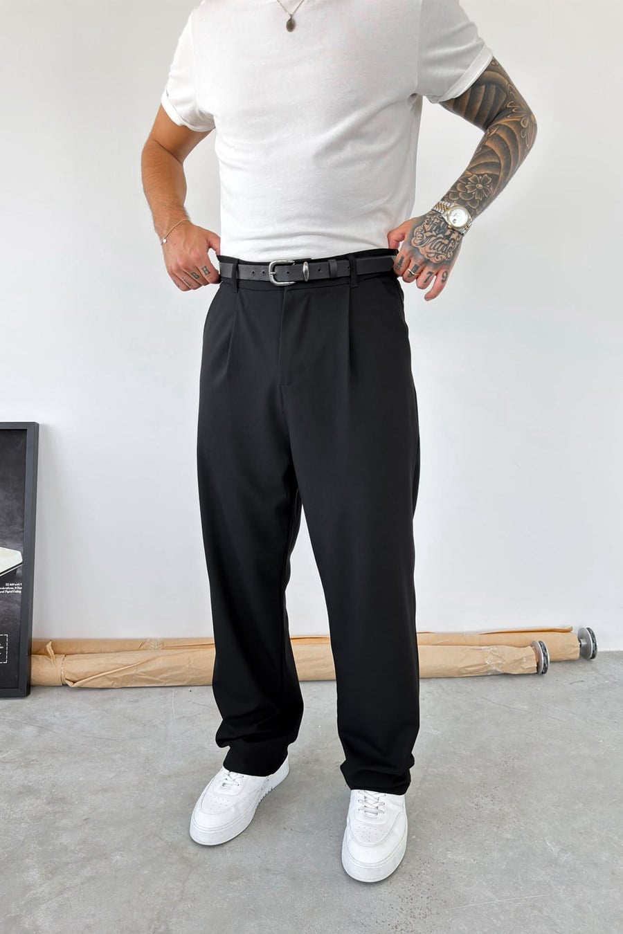 Siyah Pileli Baggy Fit Kumaş Pantolon