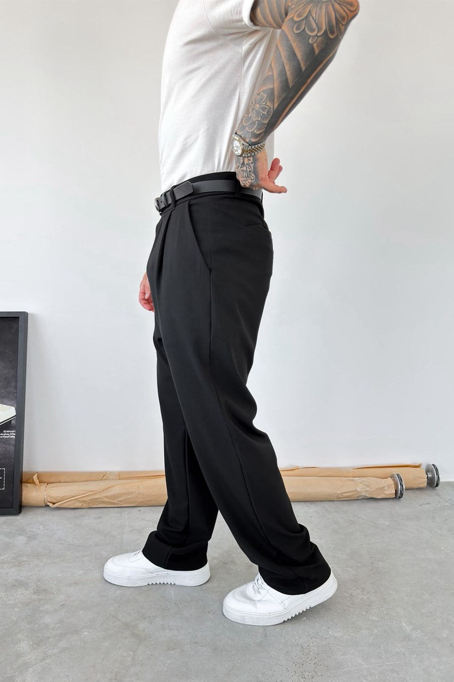 Siyah Pileli Baggy Fit Kumaş Pantolon
