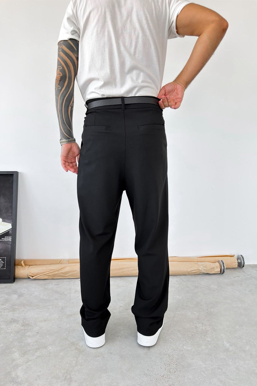 Siyah Pileli Baggy Fit Kumaş Pantolon