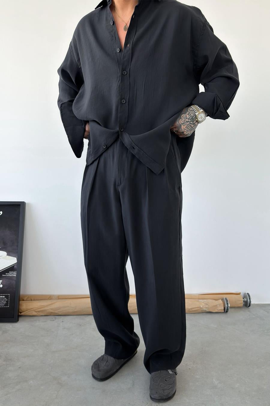Siyah Pileli Modal Kumaş Baggy Pantolon