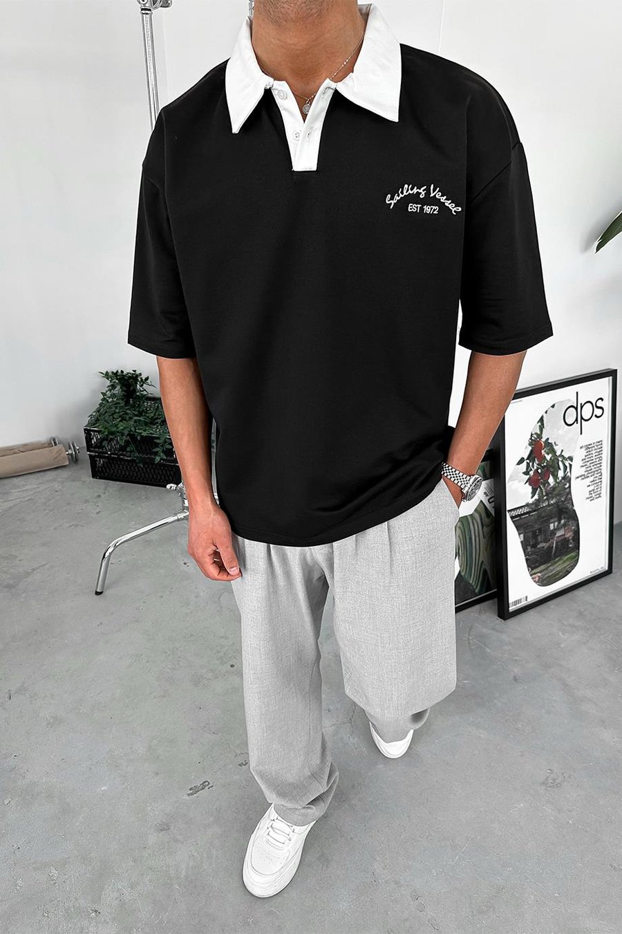 Siyah Polo Yaka  Sailing PH Oversize Tişört