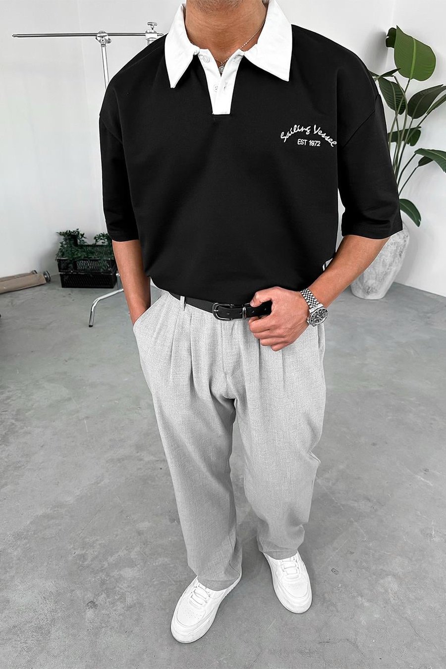 Siyah Polo Yaka  Sailing PH Oversize Tişört