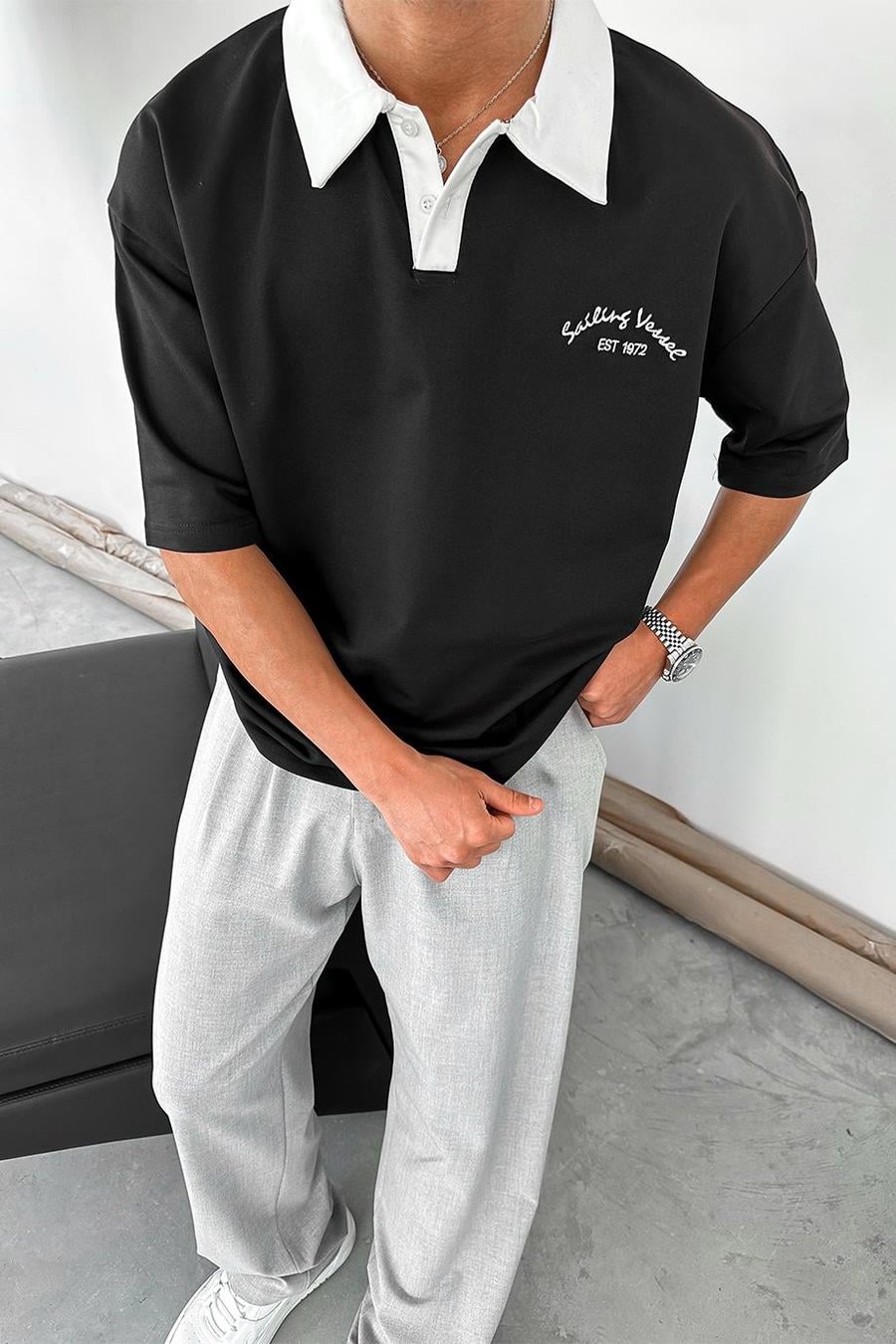Siyah Polo Yaka  Sailing PH Oversize Tişört