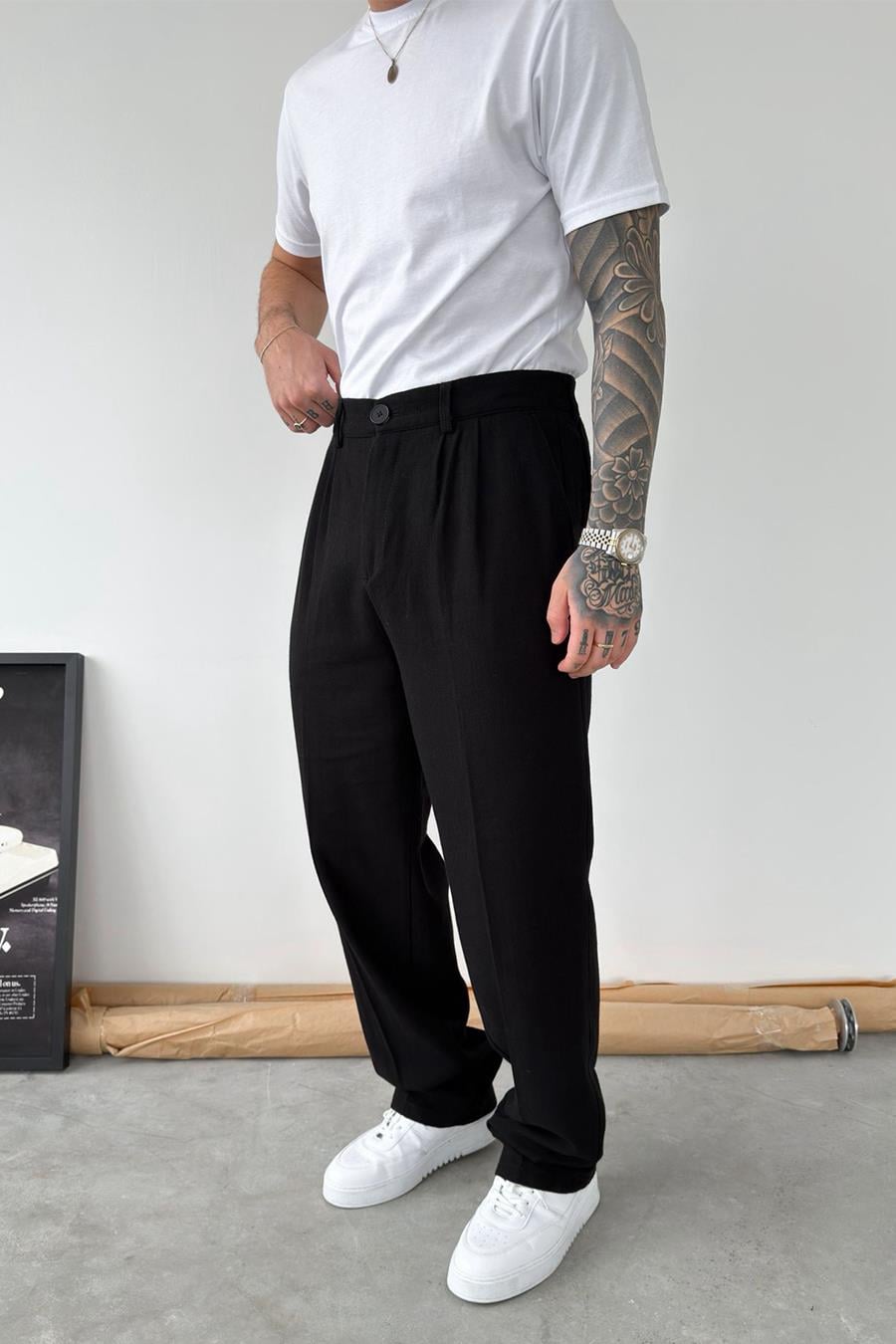 Siyah Premium Baggy Keten Pantolon