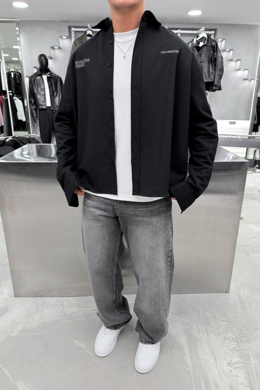 Siyah Premium Combat Nakışlı Oversize Gömlek