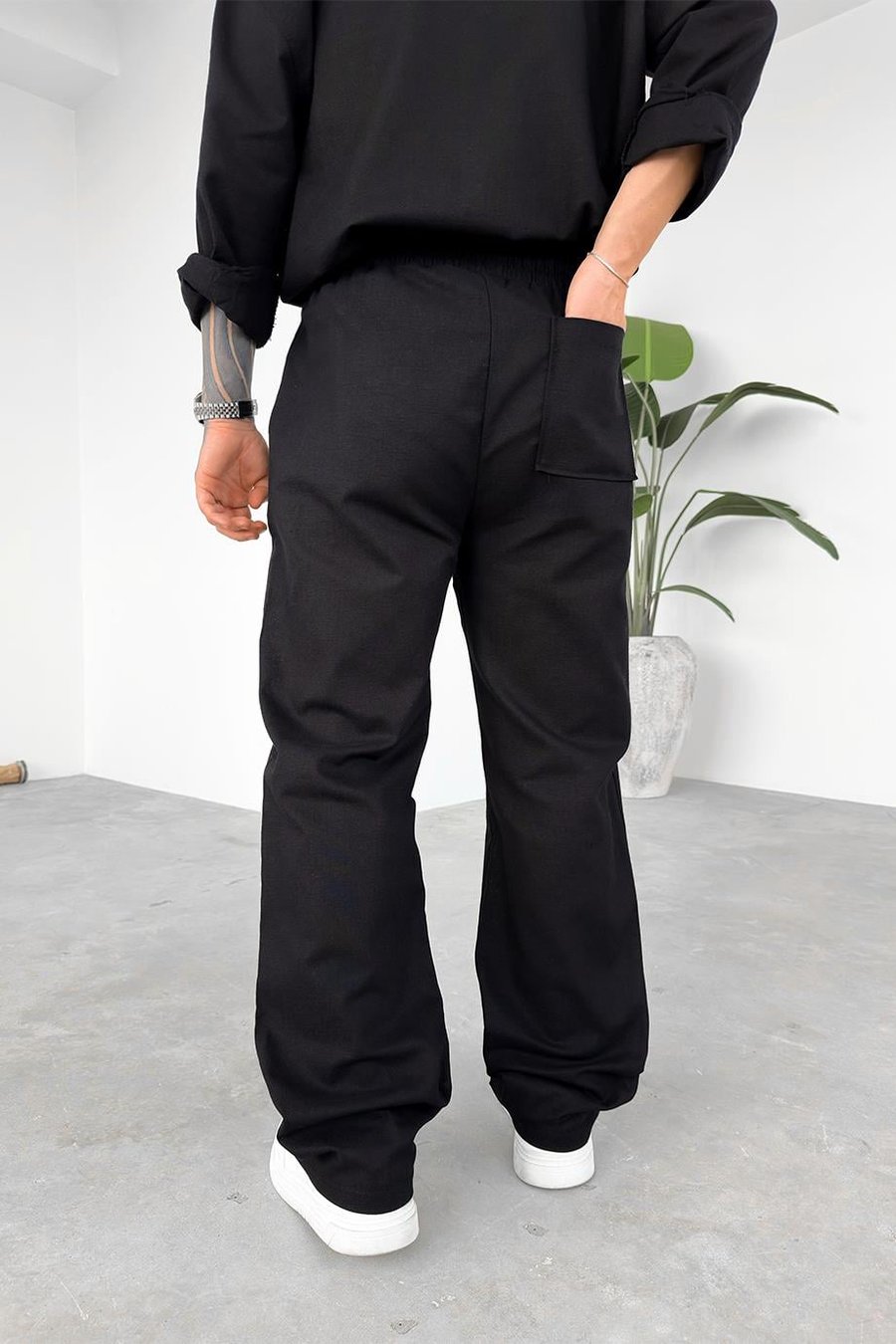 Siyah Premium Keten Basic Baggy Pantolon