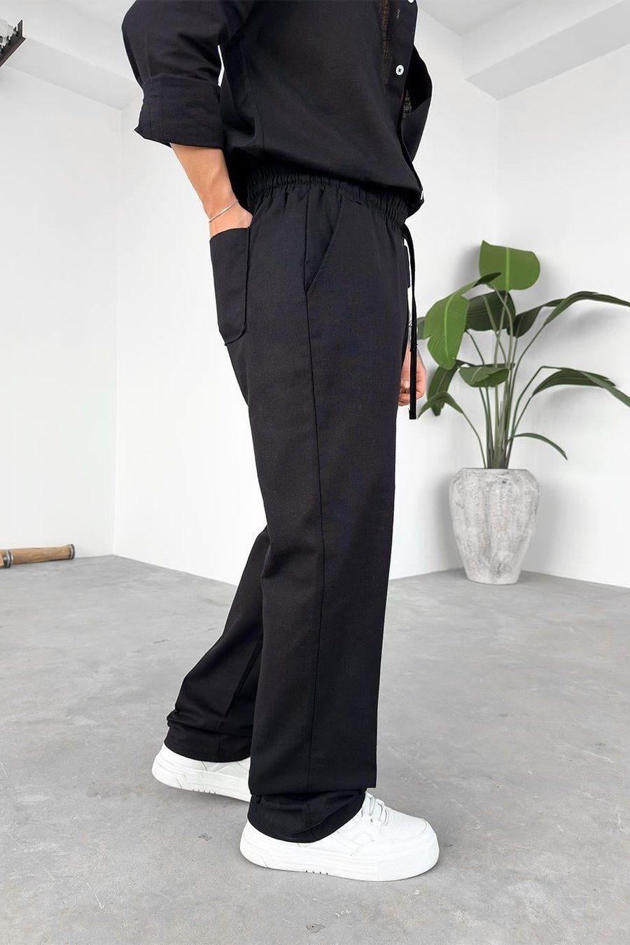 Siyah Premium Keten Basic Baggy Pantolon