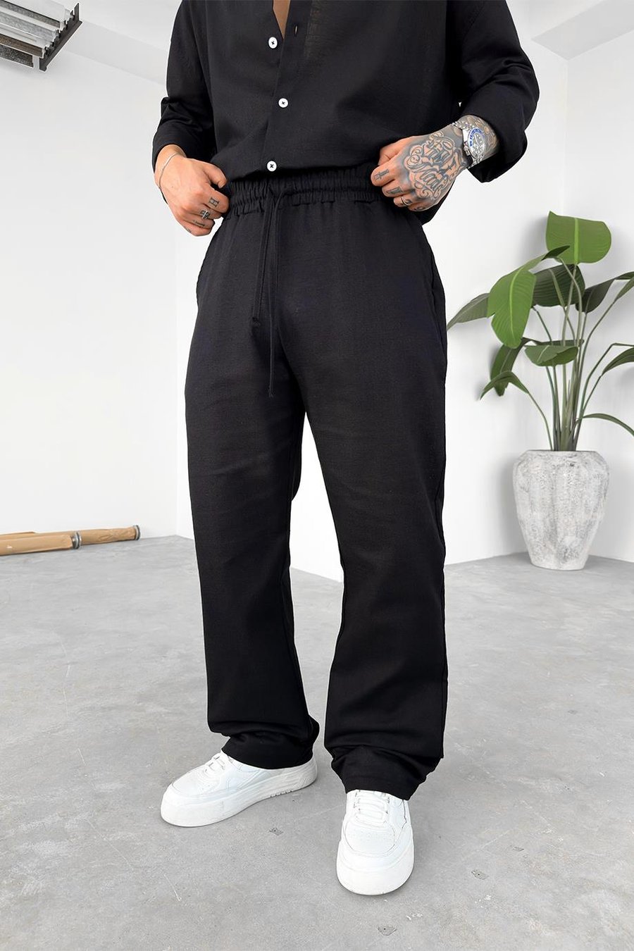 Siyah Premium Keten Basic Baggy Pantolon