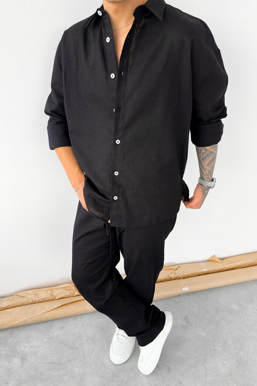 Siyah Premium Keten Basic Oversize Gömlek