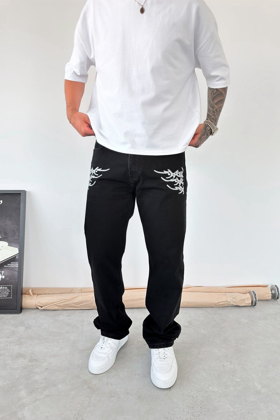 Siyah Premium Nakışlı Baggy Pantolon