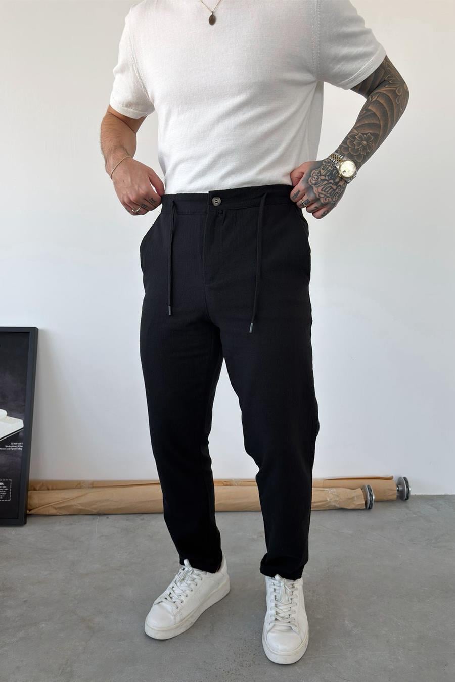 Siyah Premium Regular Keten Pantolon