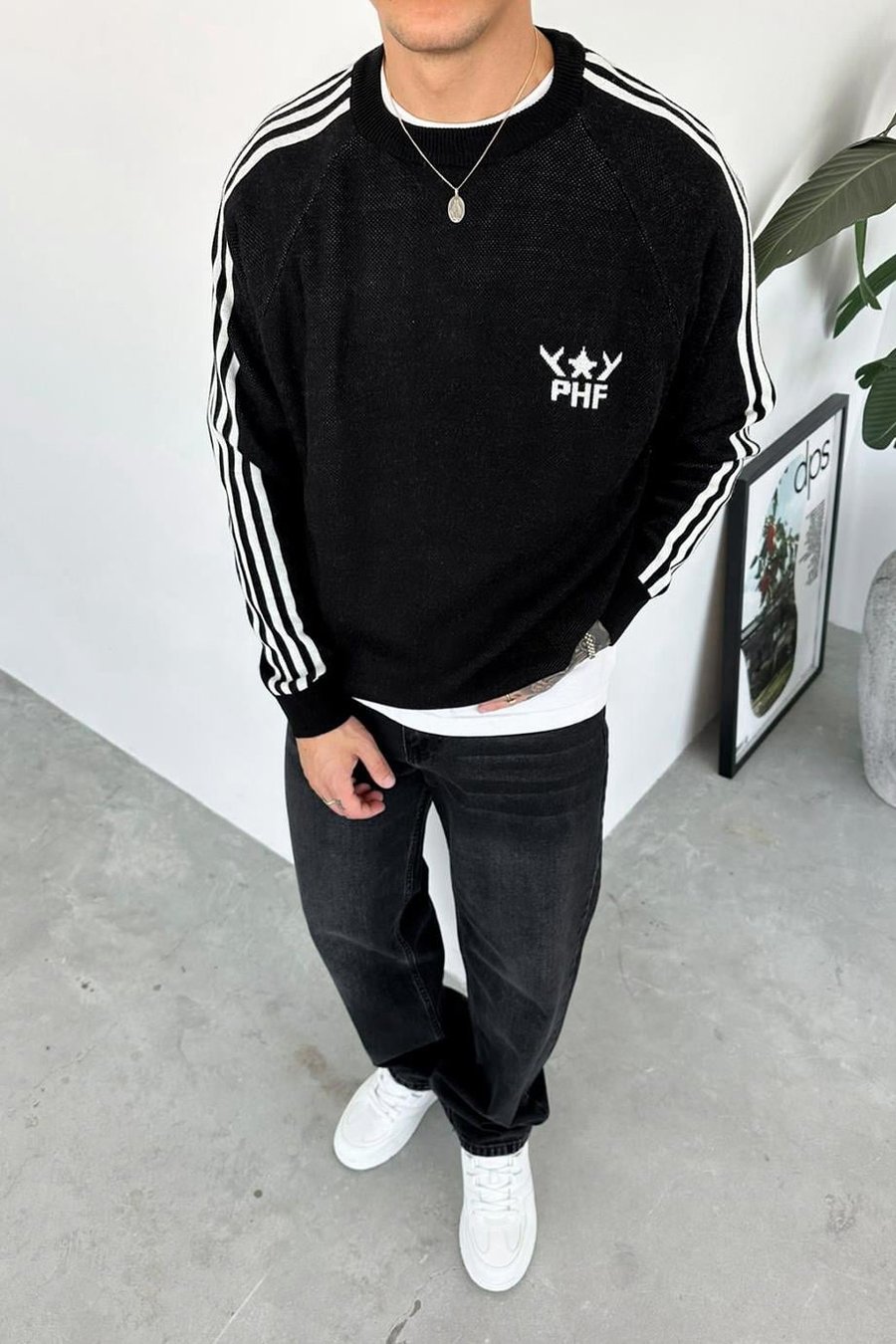 Siyah Şerit Detay Baskılı Oversize Sweat