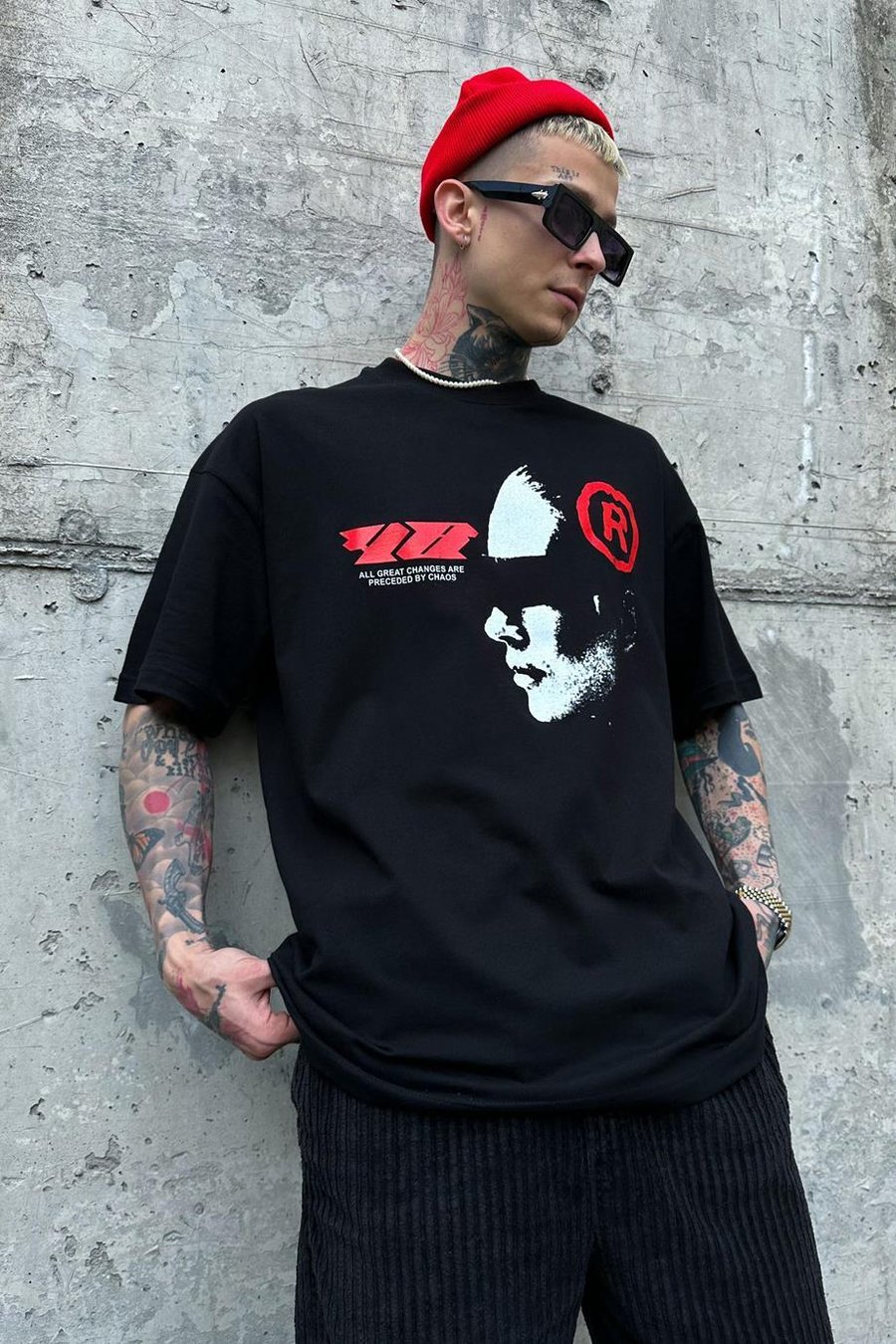 SİYAH Siyah ByChaos Red Oversize Tişört