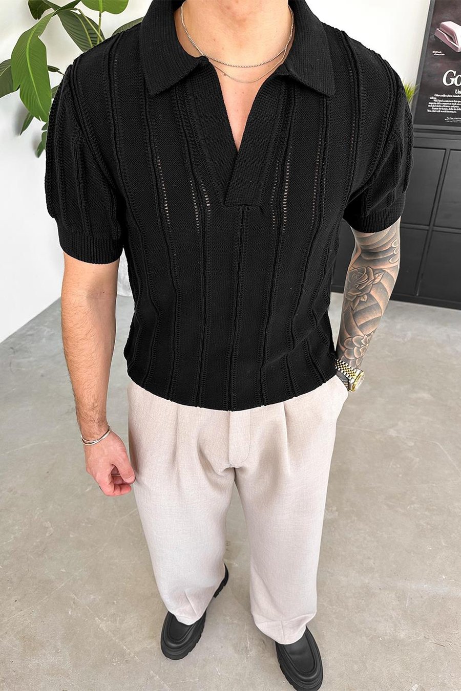 Siyah Striped Knitwear Relaxed Triko Polo Yaka Tişört