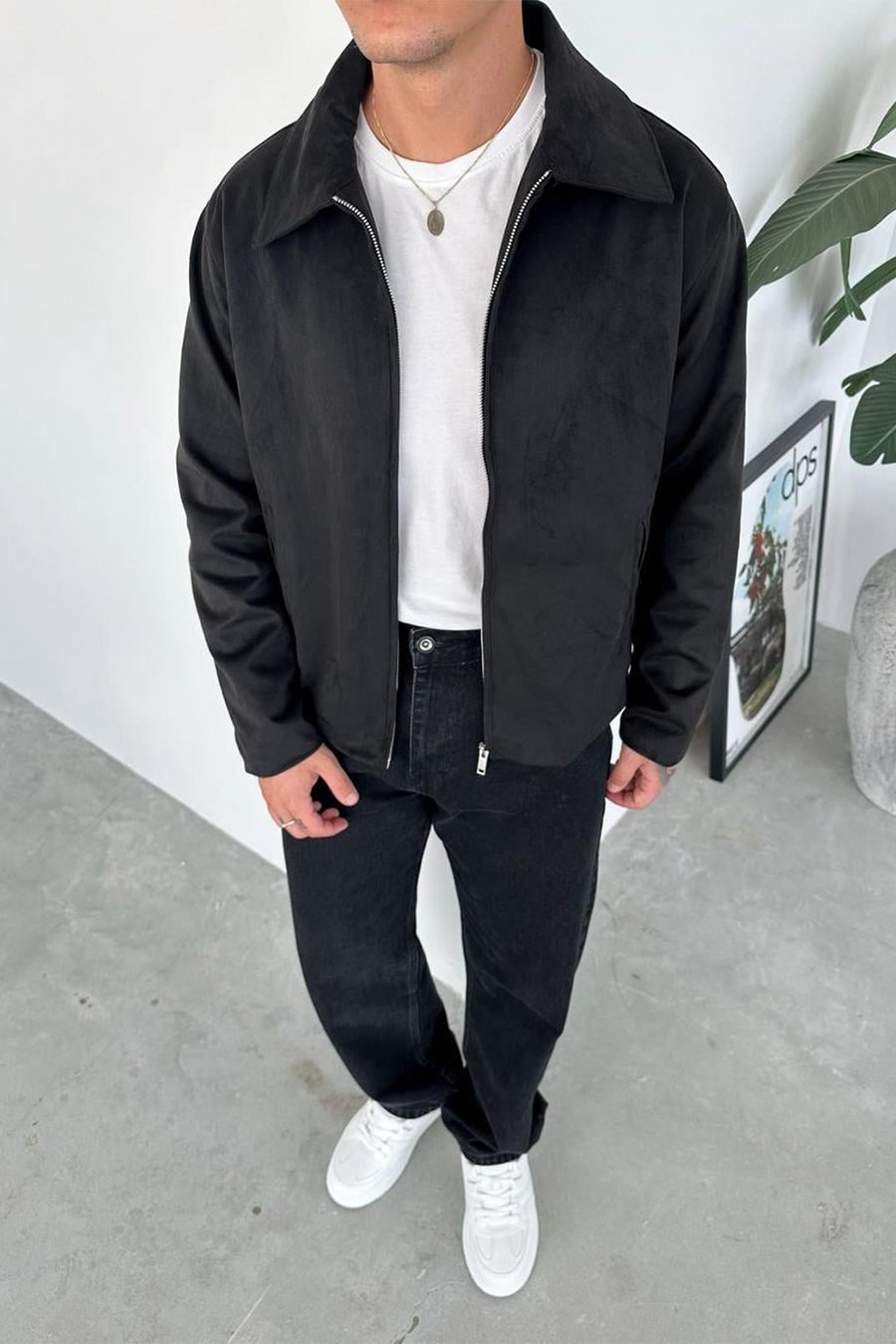 Siyah Süet Kumaş Basic Relaxed Ceket