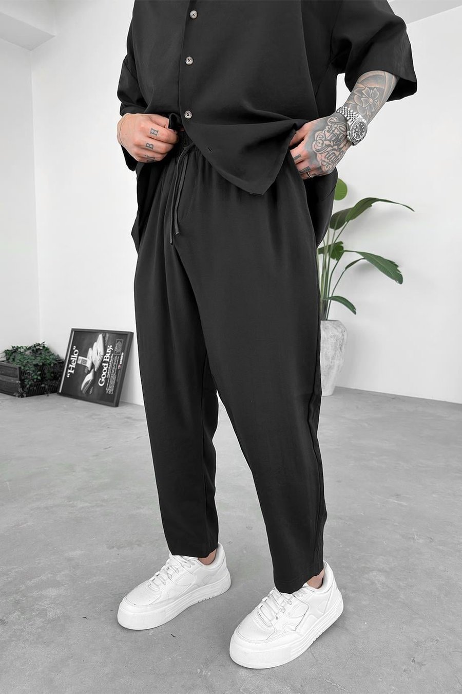 Siyah Tensel Basic Boyfriend Pantolon