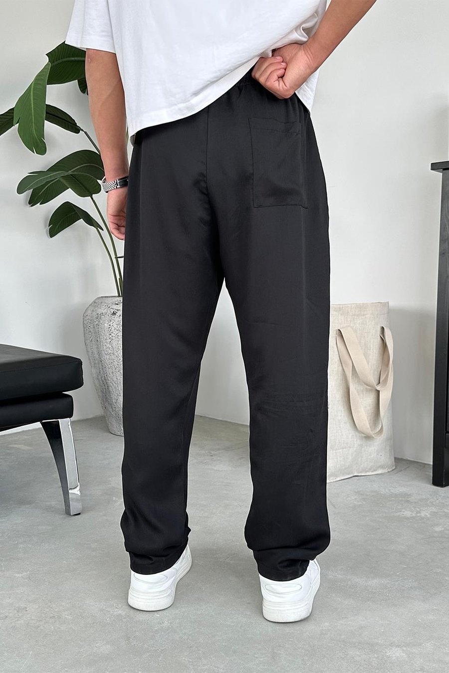 Siyah Tensel Kumaş Basic Baggy Pantolon