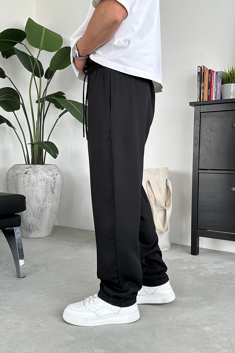 Siyah Tensel Kumaş Basic Baggy Pantolon