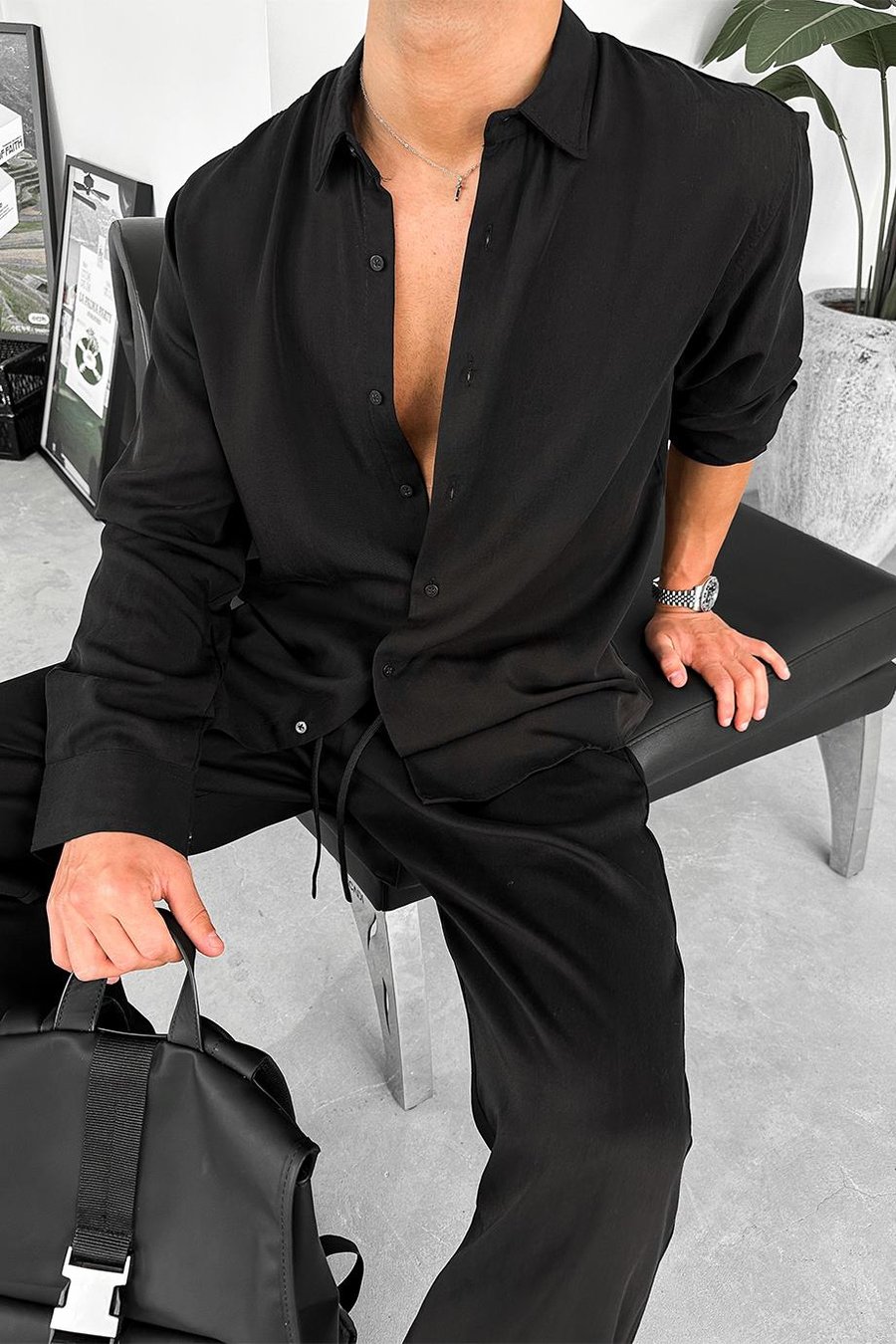 Siyah Tensel Kumaş Basic Relaxed Gömlek