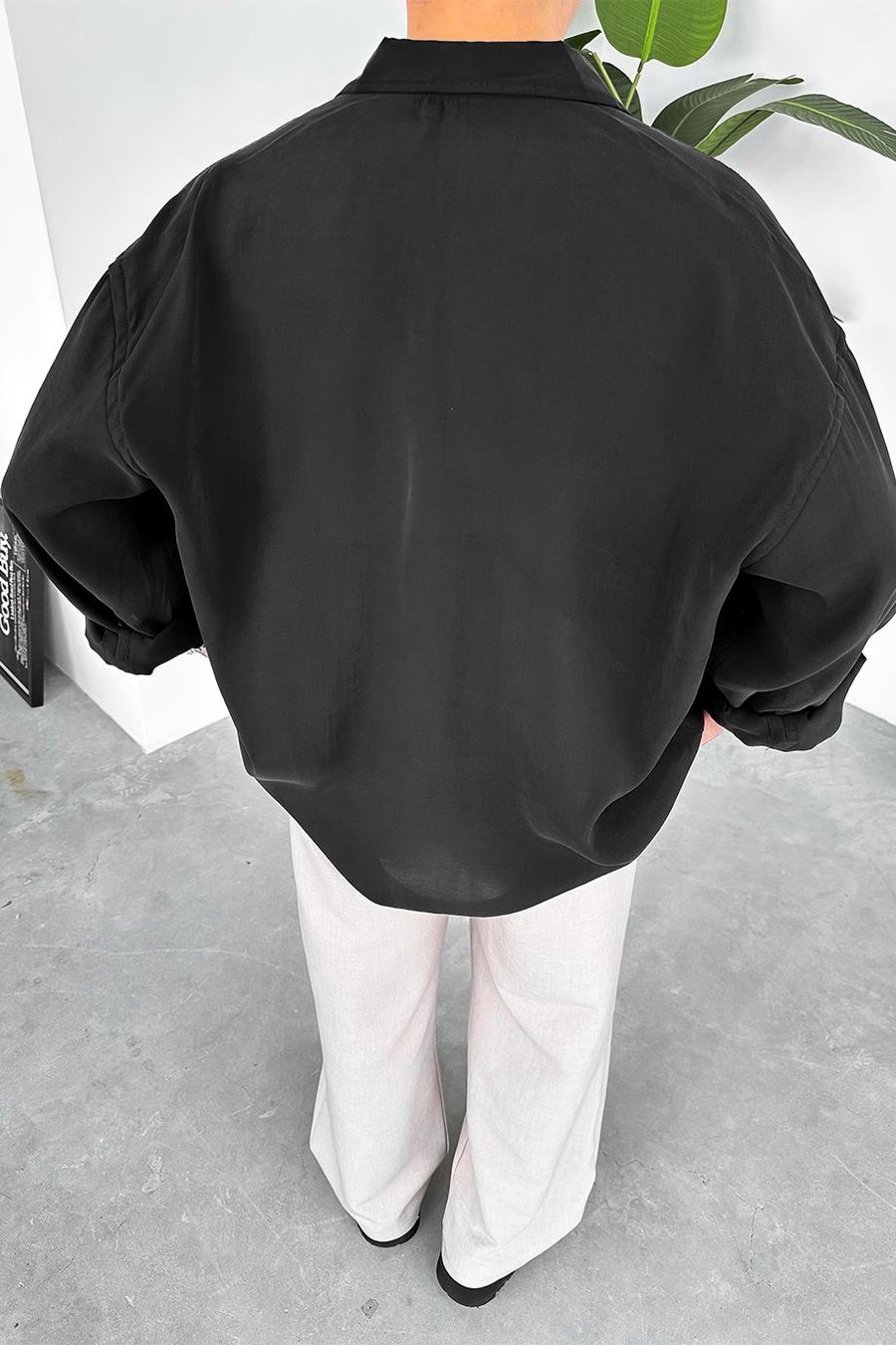 Siyah Tensel Nakış Detay Oversize Gömlek