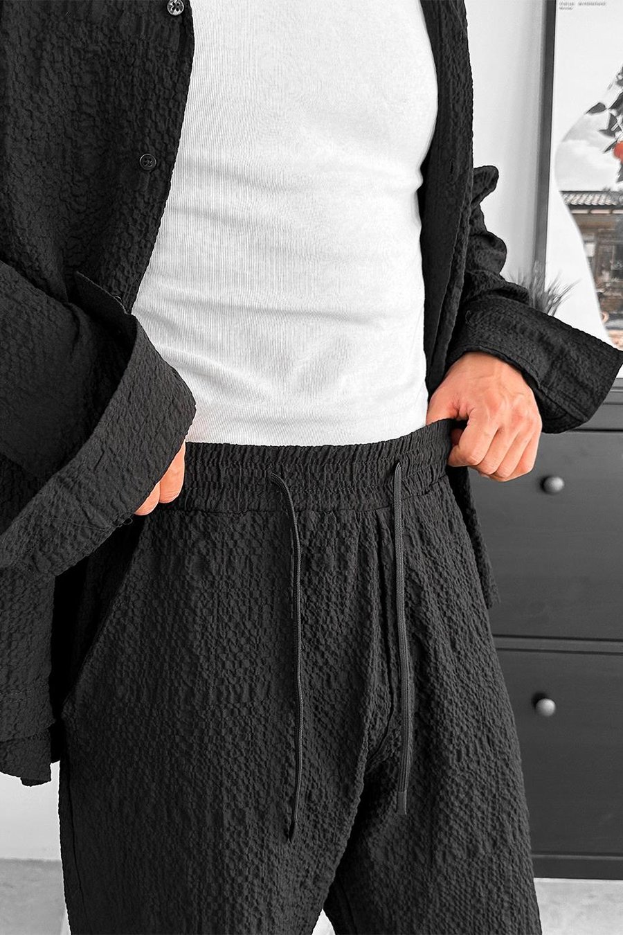 Siyah Waffle Dokulu Premium Baggy Pantolon