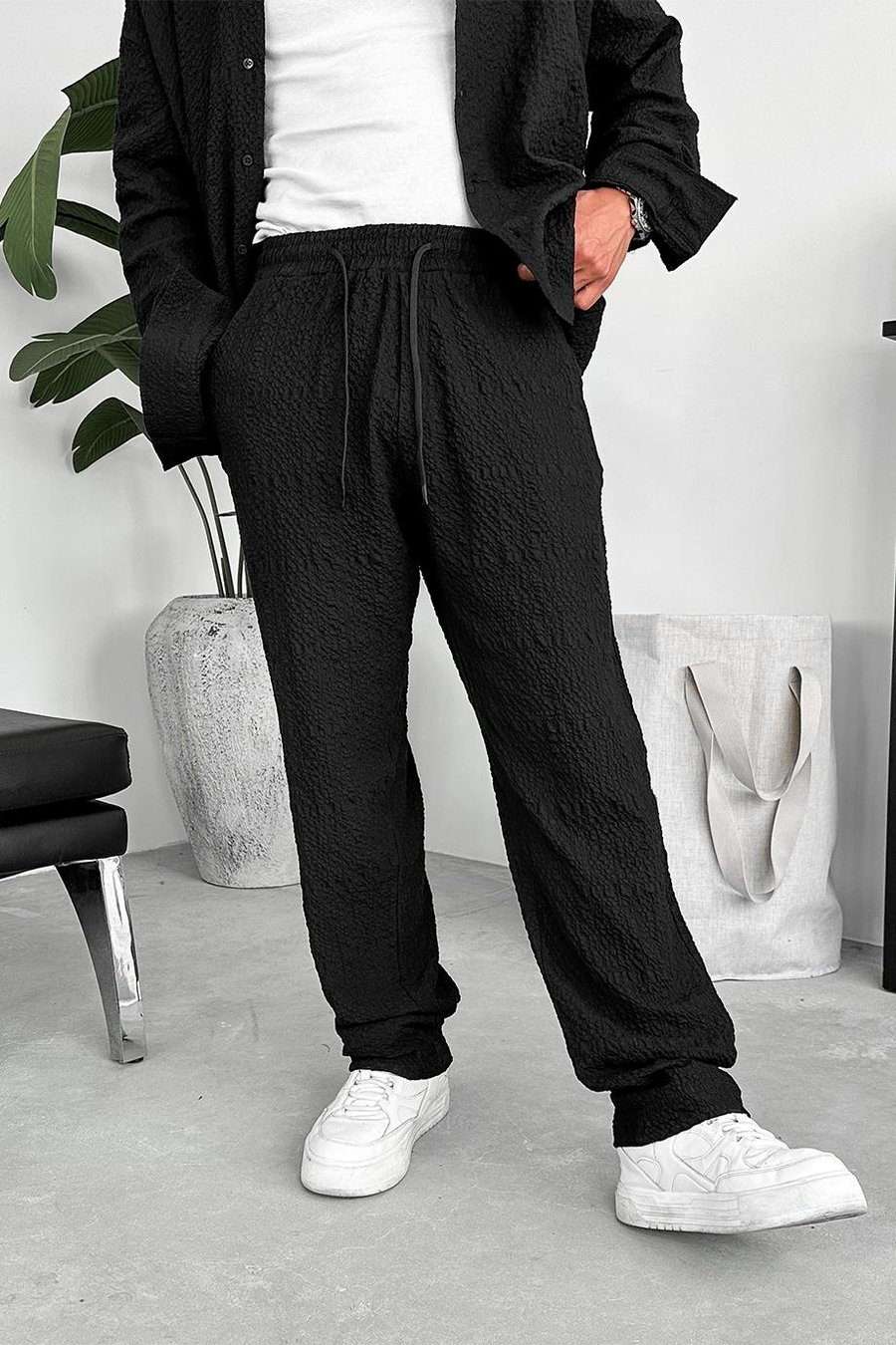 Siyah Waffle Dokulu Premium Baggy Pantolon