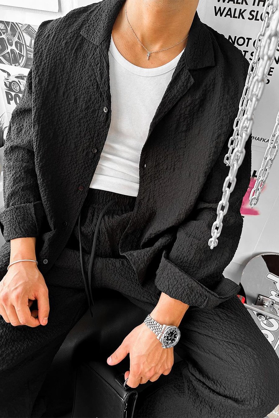 Siyah Waffle Dokulu Premium Oversize Gömlek