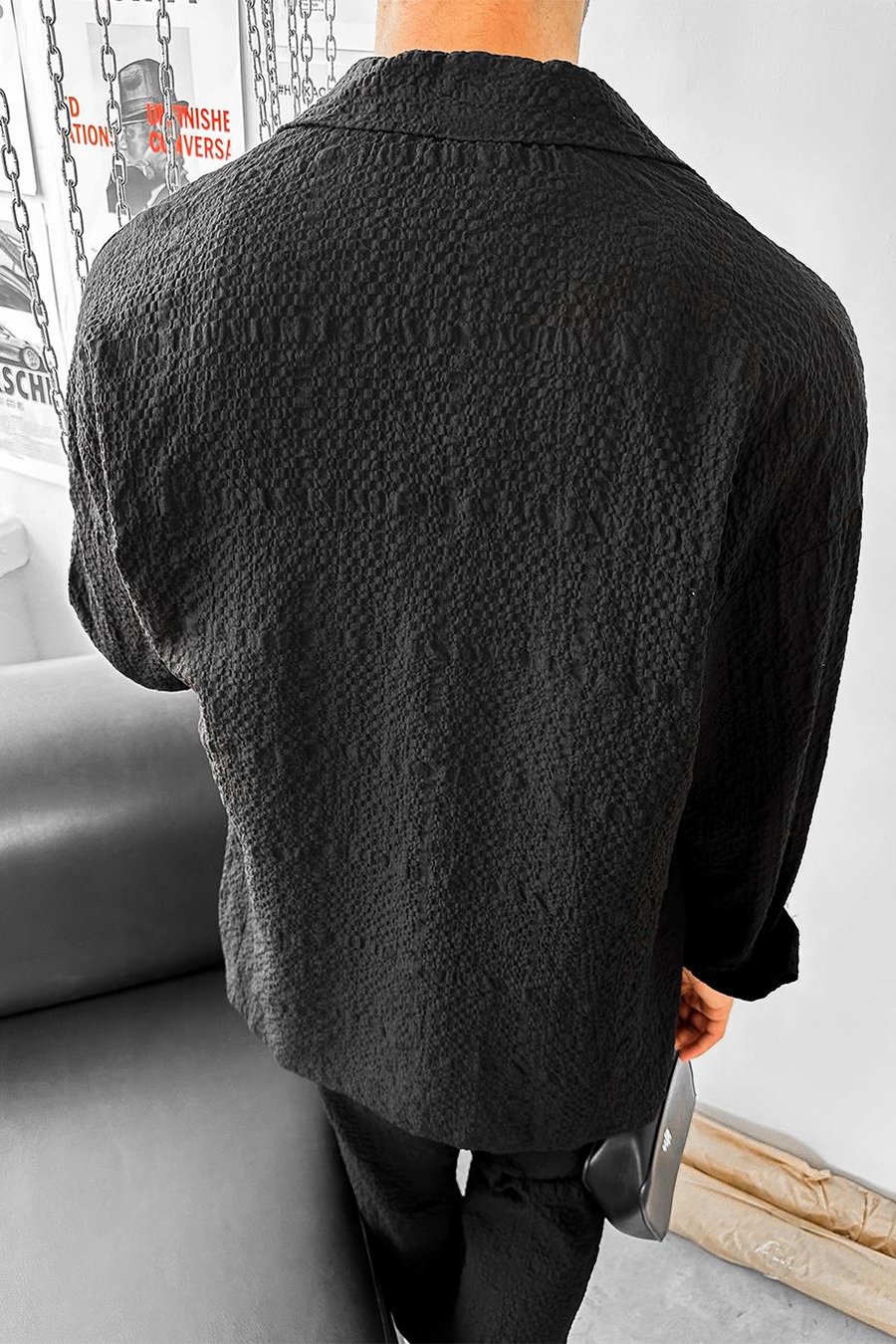Siyah Waffle Dokulu Premium Oversize Gömlek