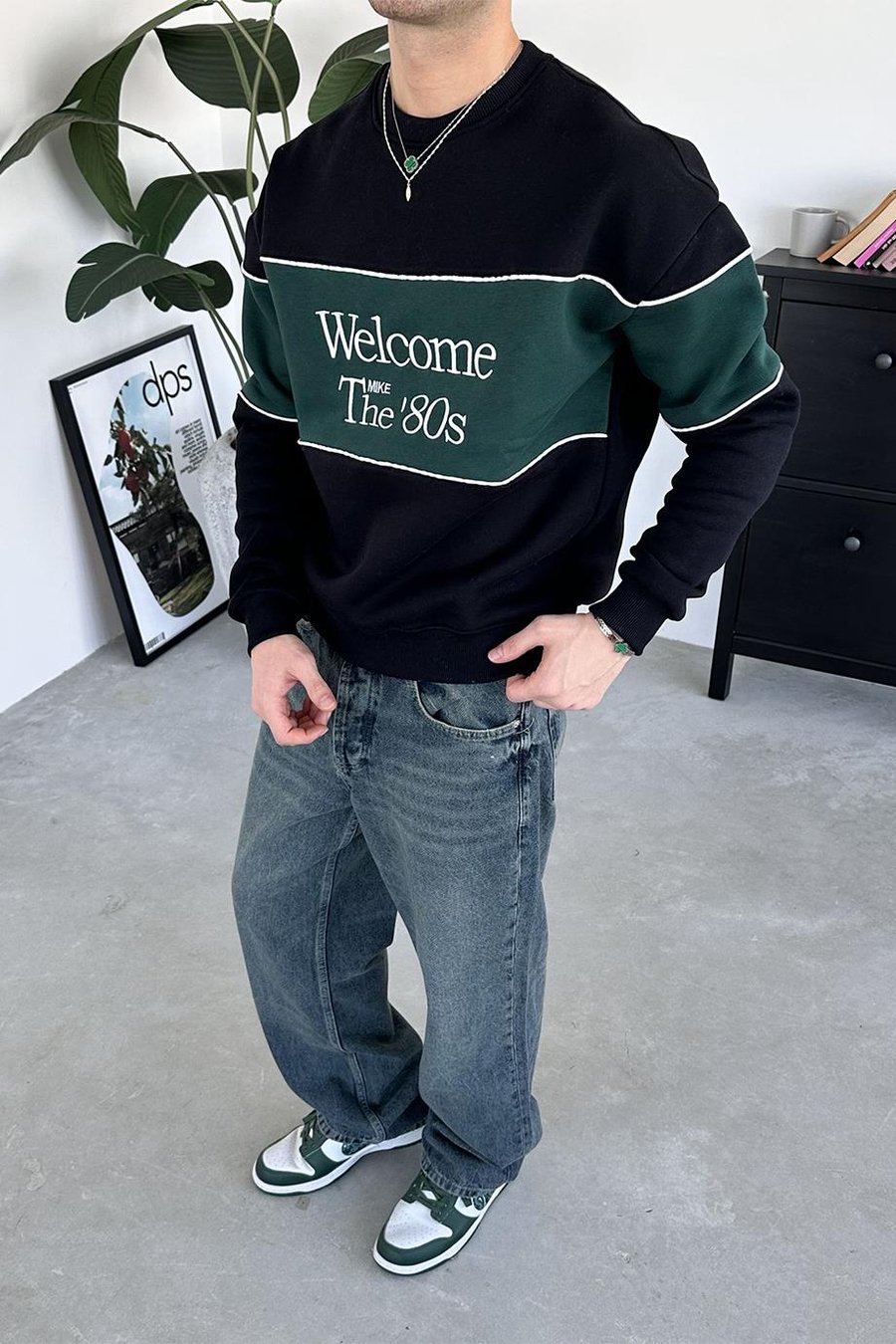 Siyah Welcome Nakışlı Oversize Sweat