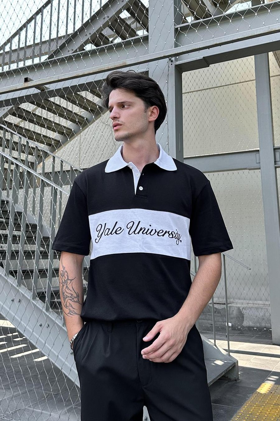 SİYAH Yale University PM Oversize Polo Yaka Tişört