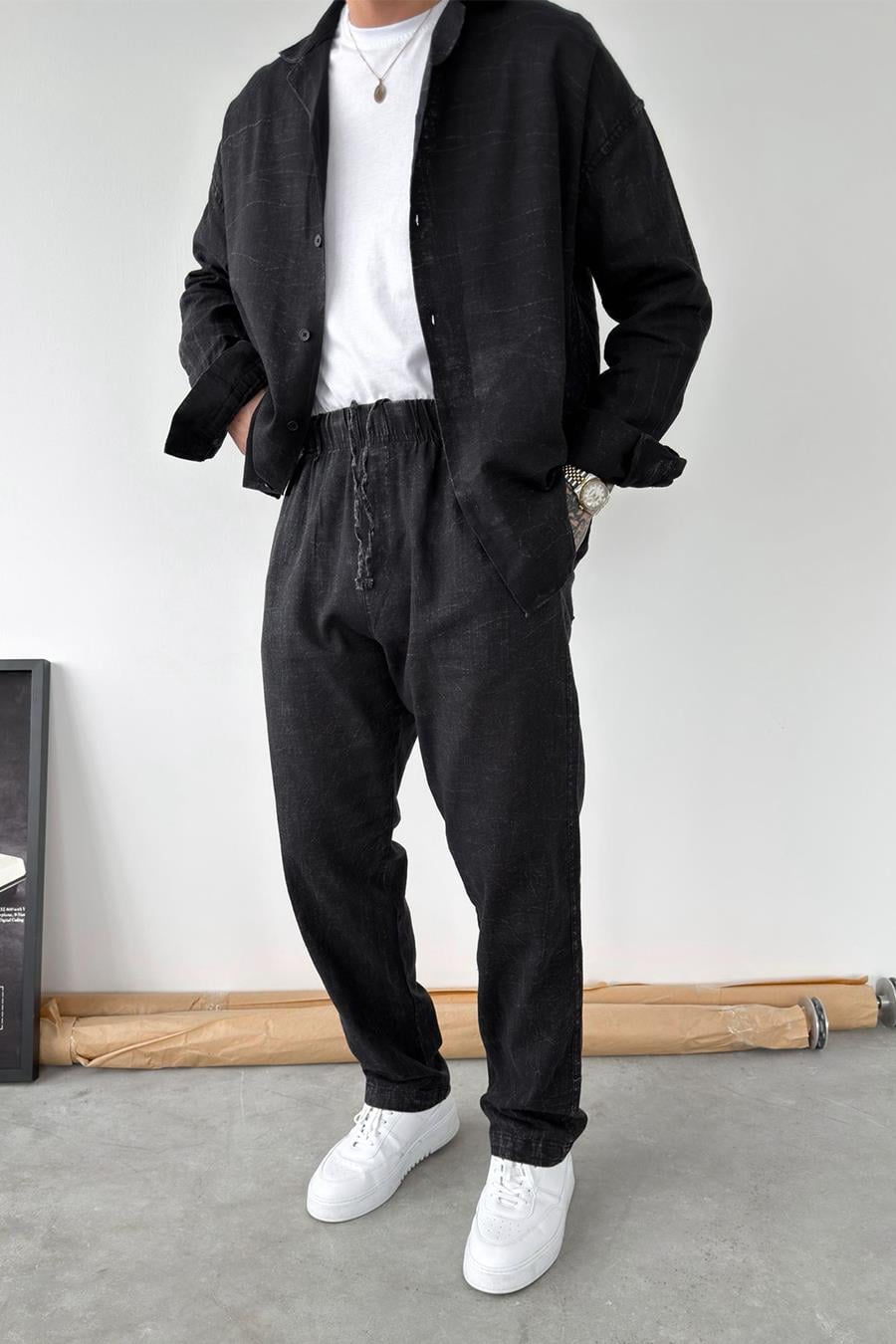 Siyah Yıkamalı Baggy Pantolon