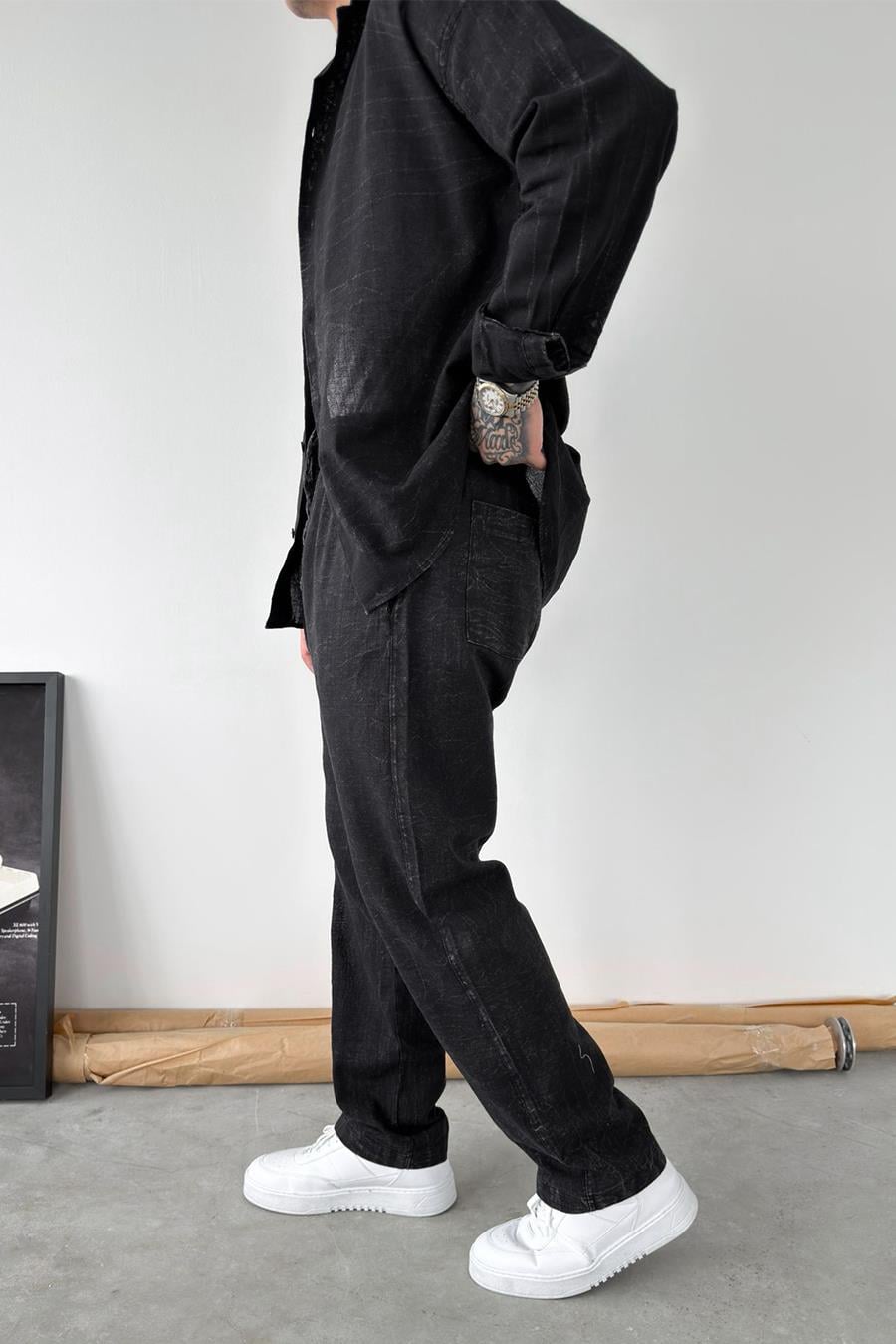 Siyah Yıkamalı Baggy Pantolon