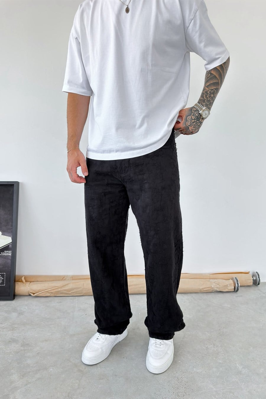 Siyah Yırtık Detaylı Premium Baggy Pantolon