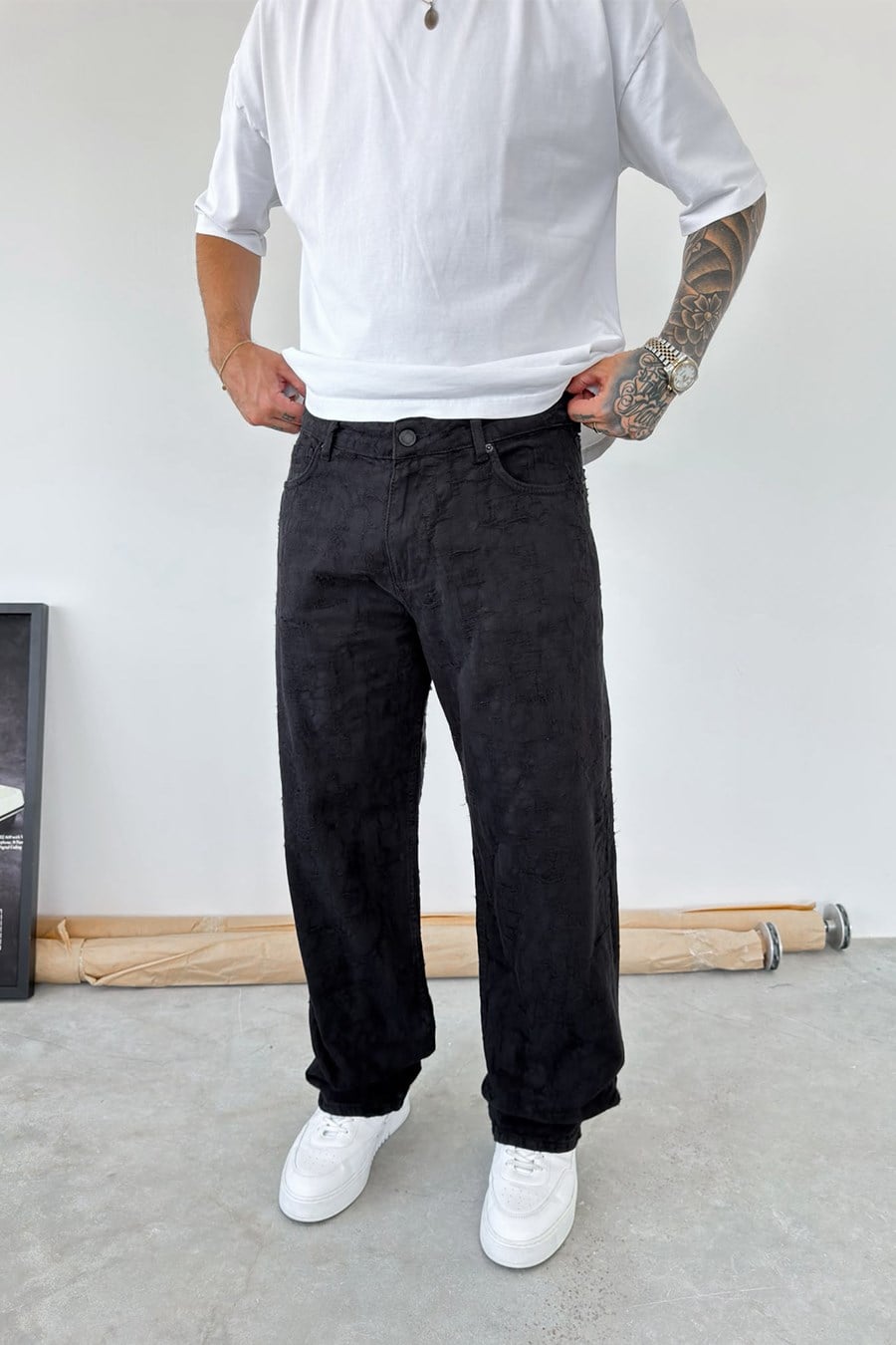 Siyah Yırtık Detaylı Premium Baggy Pantolon