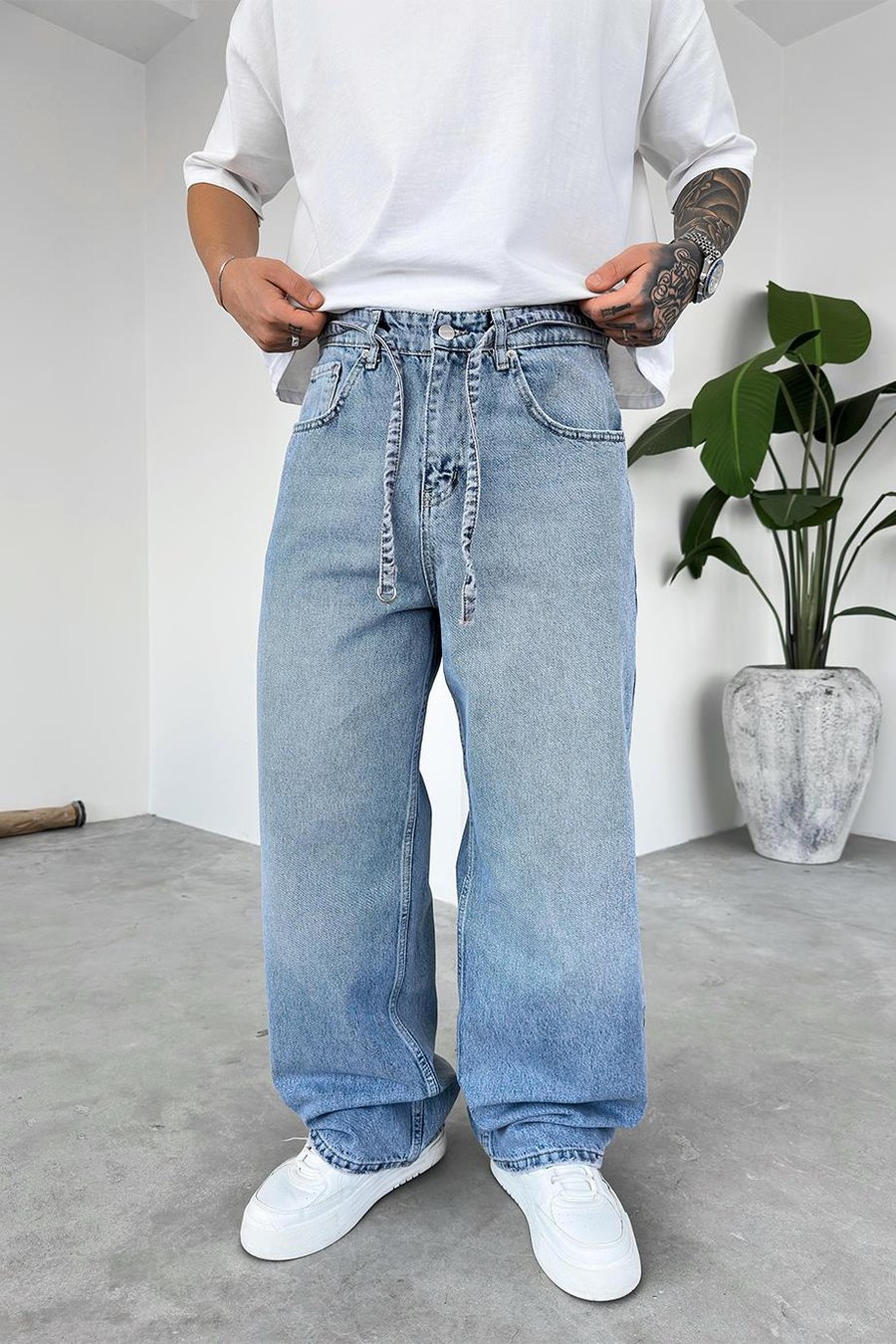 Soft Degrade Mavi Kemerli Basic Ekstra Bol Baggy Pantolon