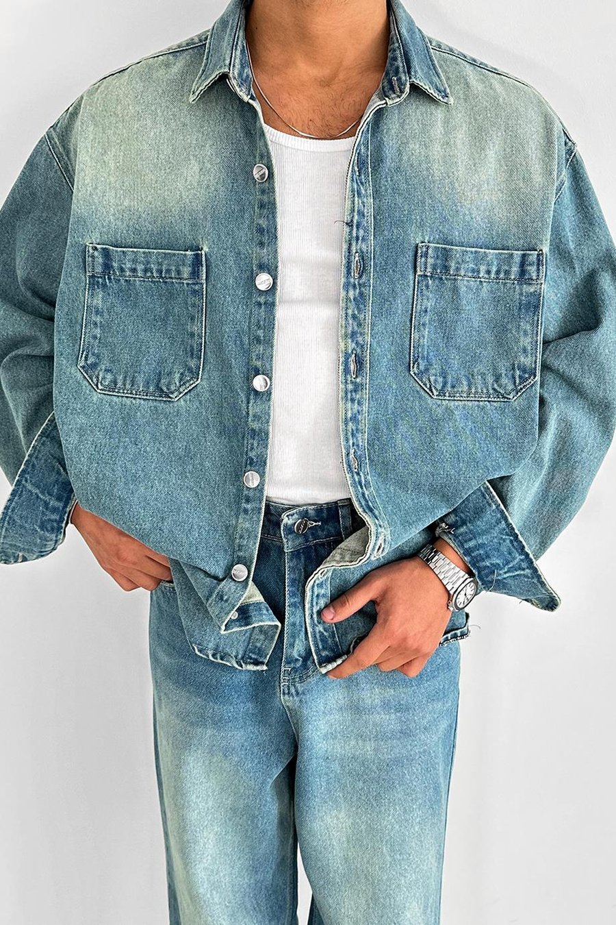 Soft Mavi Çift Cep Detay Oversize Kot Ceket